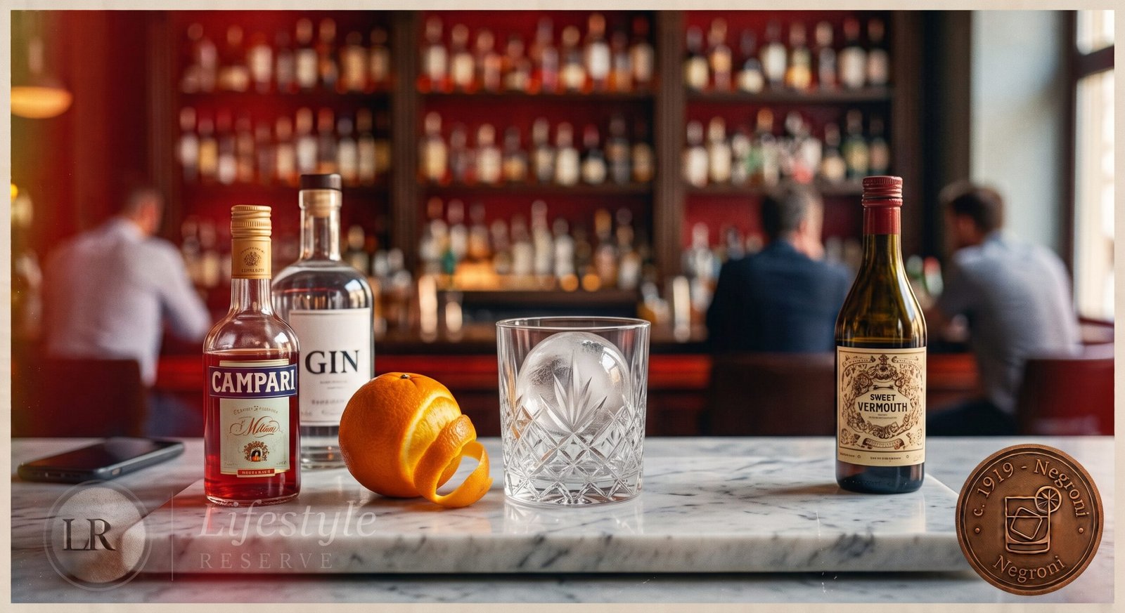 Ingredientes do Negroni sobre superfície de mármore: garrafas de gin, Campari e vermute tinto, ao lado de uma laranja.