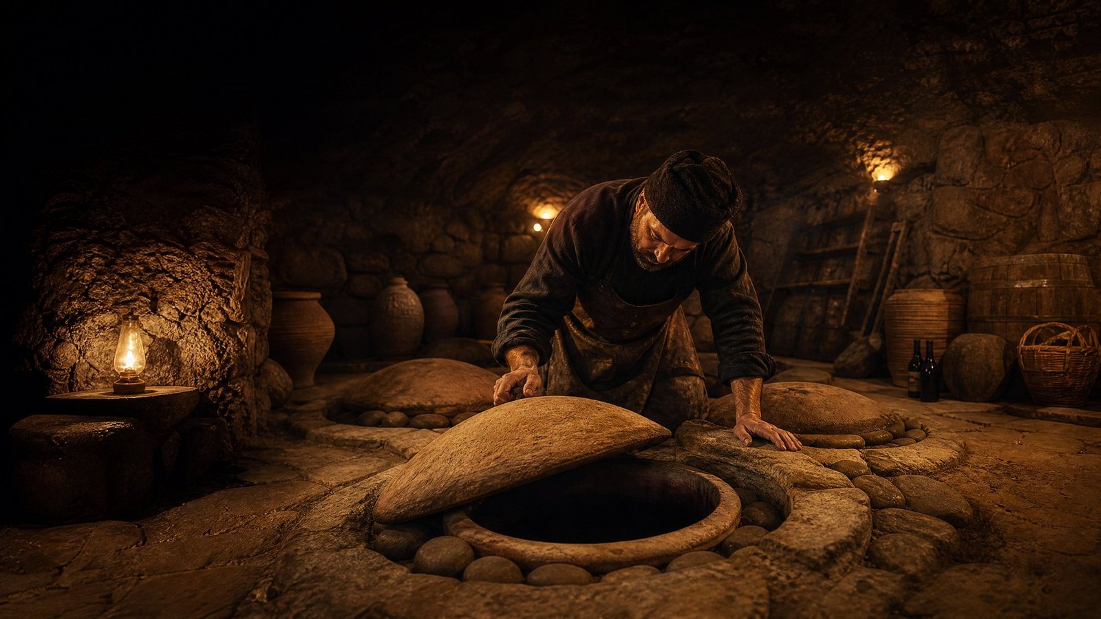 Produtor georgiano tradicional verificando um qvevri de barro enterrado em adega rústica, tradição vinícola ancestral