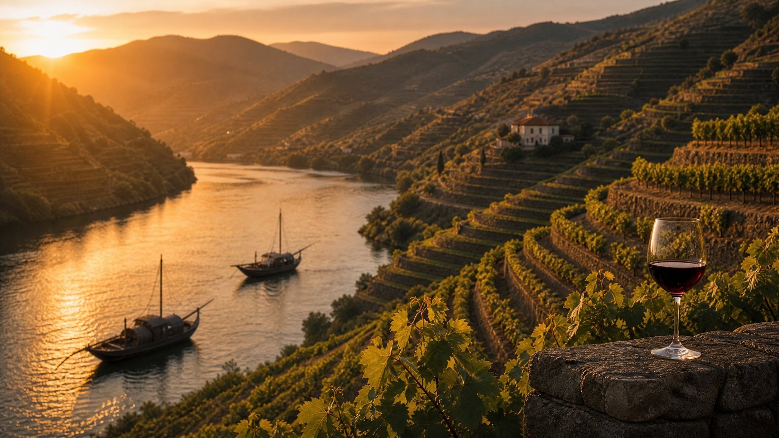 Vinhedos em terraços ao longo do Vale do Douro, em Portugal, ao entardecer, barcos rabelos 