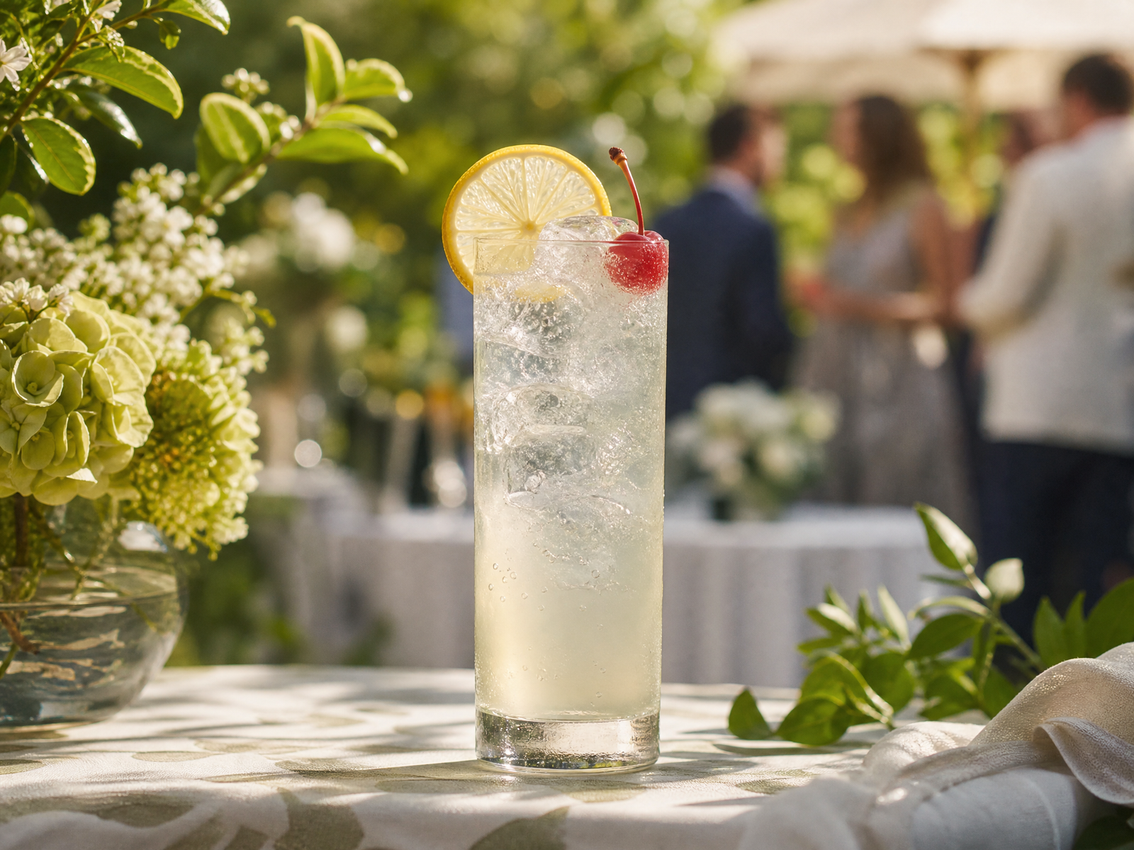 Tom Collins em copo alto com limão e cereja sobre mesa de festa no jardim, convidados desfocados ao fundo.