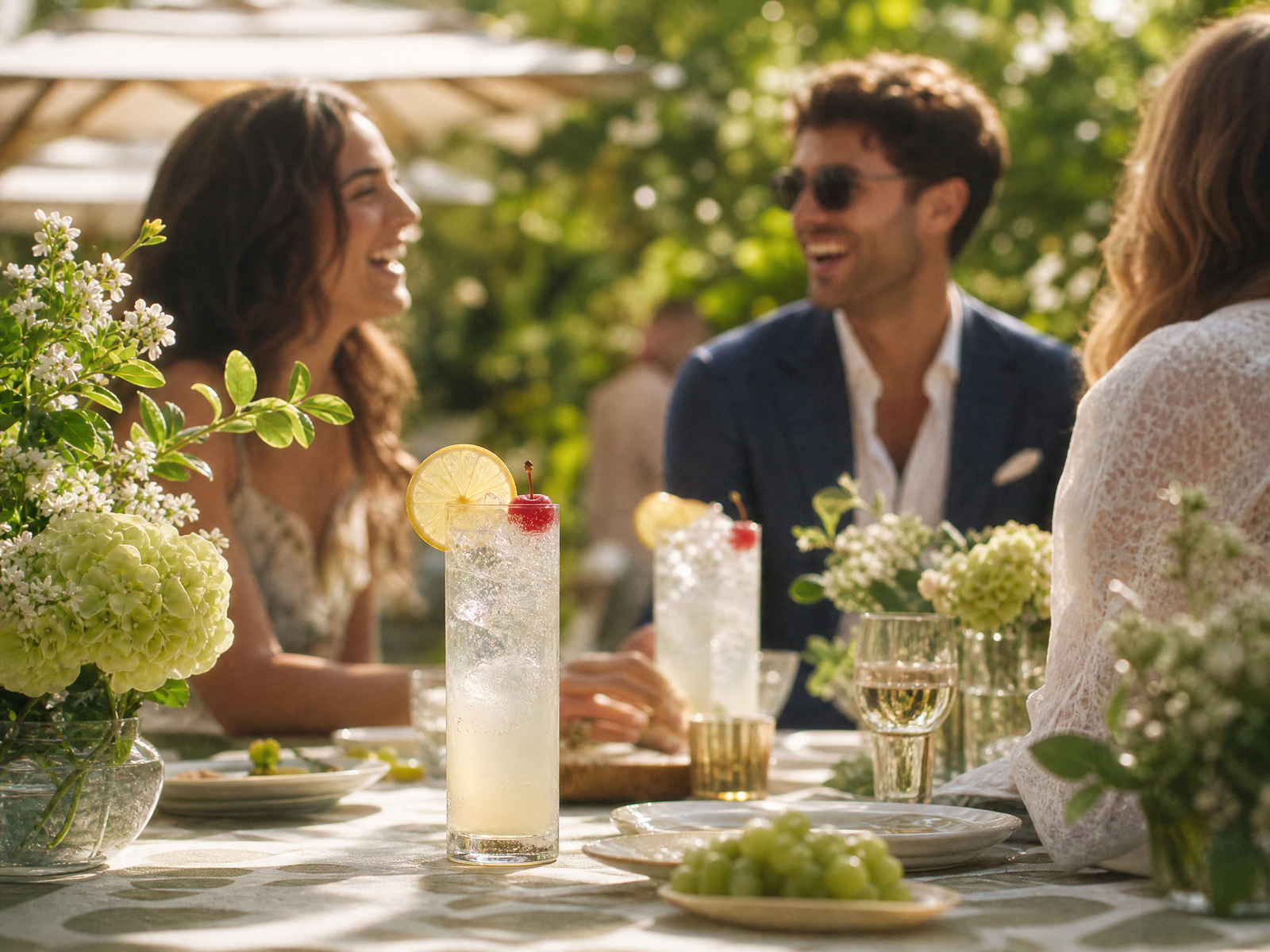 Imagem editorial de ambientação do Tom Collins: festa de jardim com a bebida em primeiro plano.