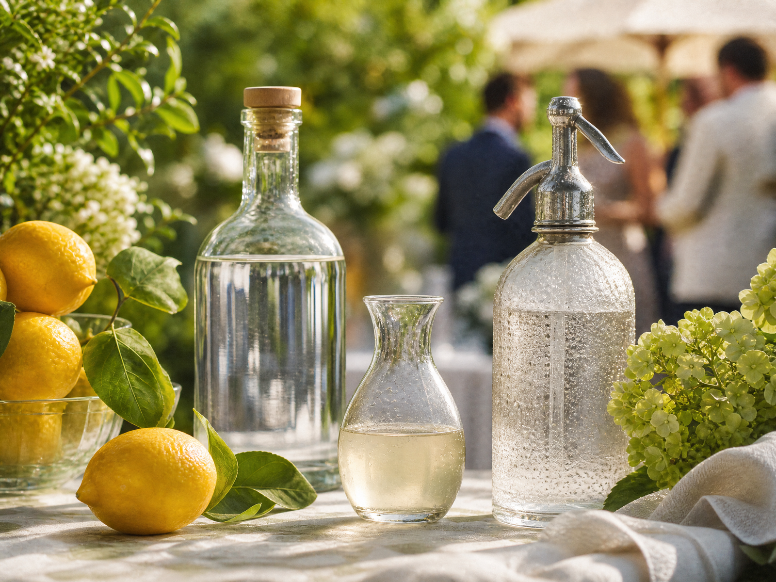 Ingredientes do Tom Collins em mesa de jardim: gin, limões, xarope simples e sifão de água com gás.