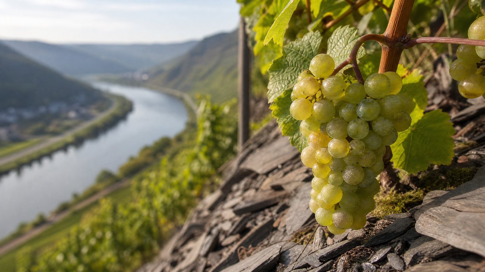 Close-up de cachos de uva Riesling em encostas de ardósia íngremes, Vale do Mosela desfocado ao fundo