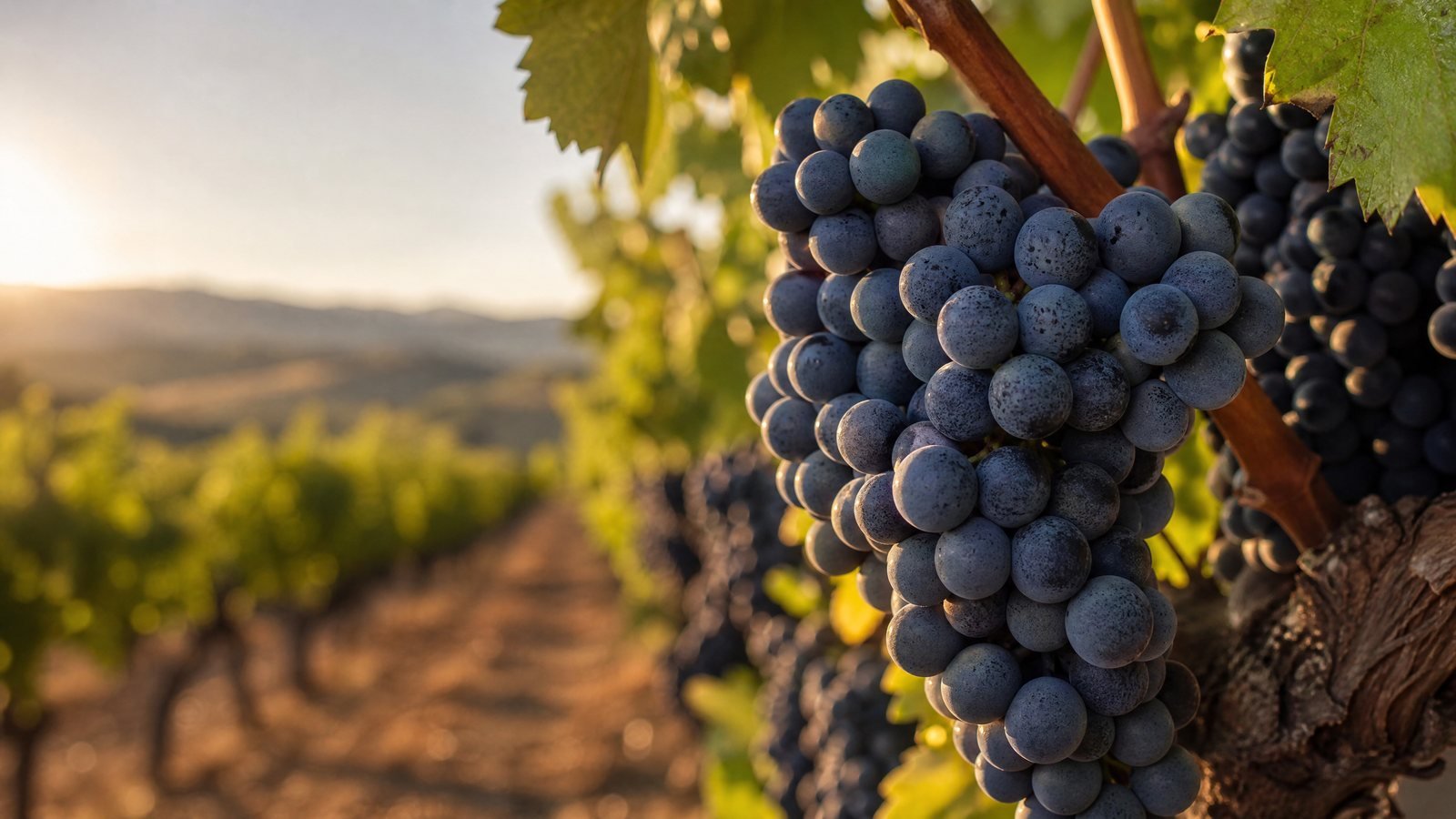 Close-up de cachos de uva Tempranillo na videira sob sol intenso espanhol representando as uvas da Espanha