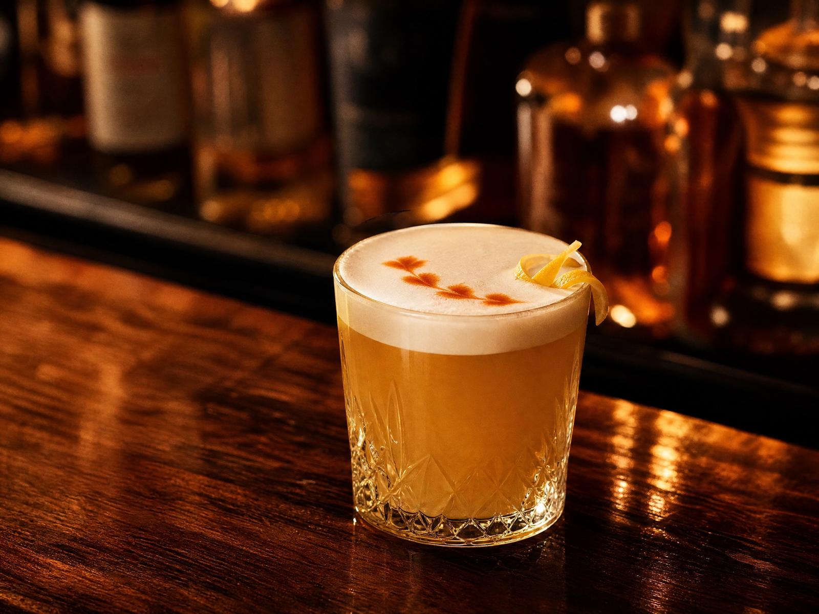 Whiskey Sour em copo baixo com espuma e gotas de bitter sobre balcão âmbar, garrafas desfocadas ao fundo.