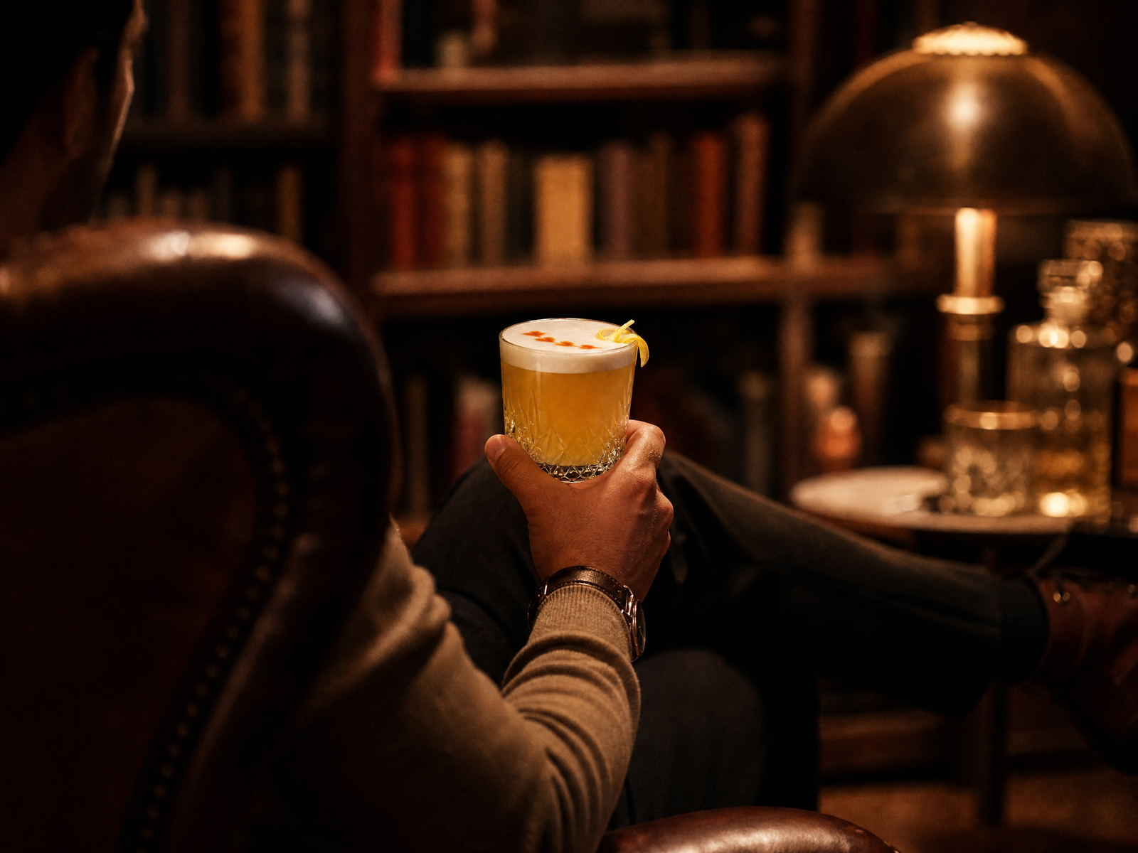Imagem editorial de ambientação do Whiskey Sour: pessoa relaxando em estudo acolhedor com a bebida em mãos.