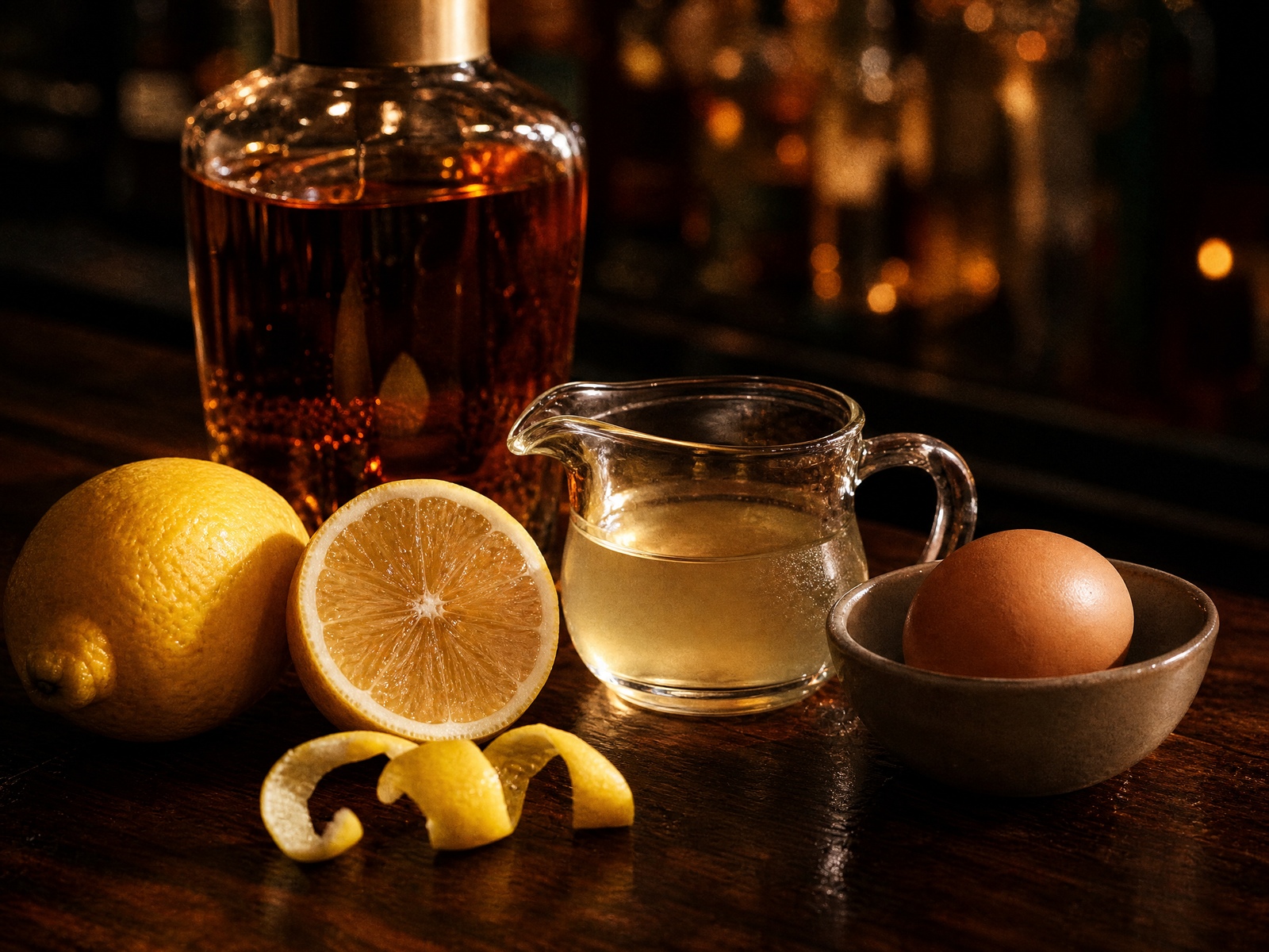 Ingredientes do Whiskey Sour sobre balcão escuro: bourbon, limões, xarope simples e ovo.