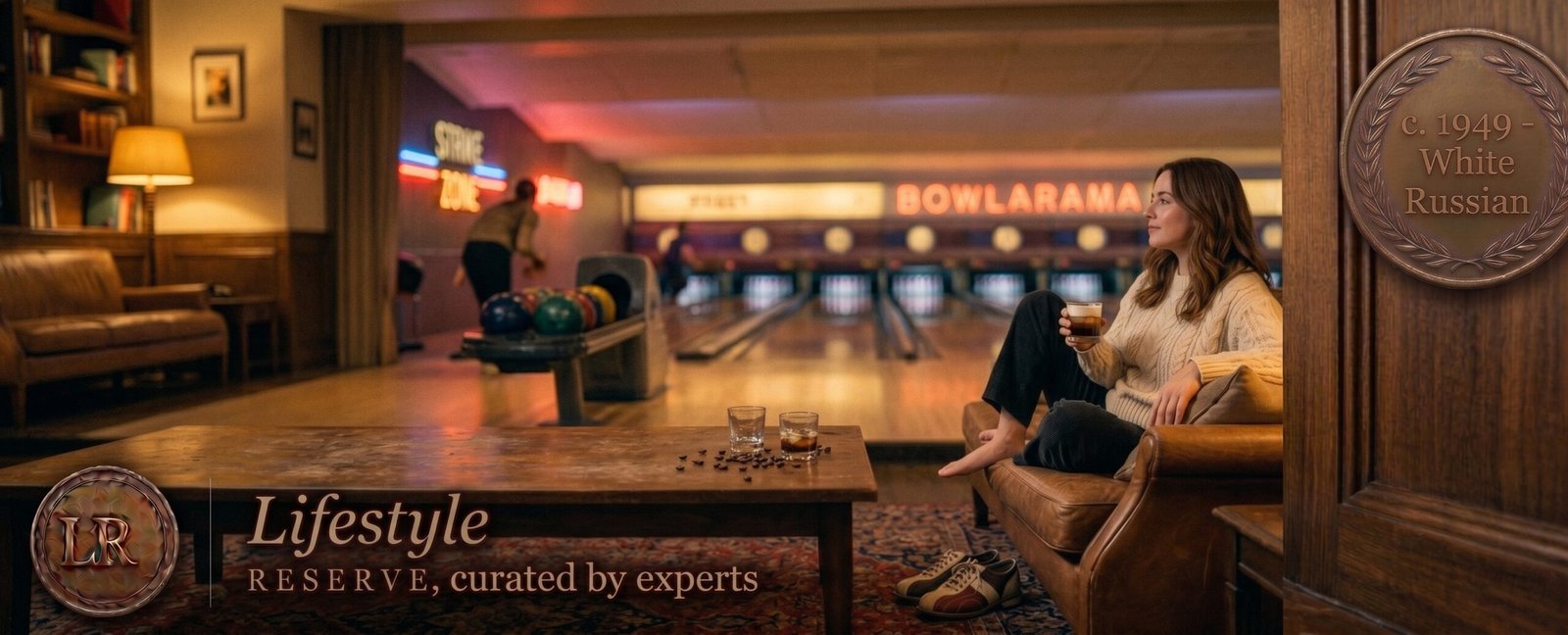 Sala de estar com estética dos anos 1990 e copo de White Russian sobre mesa baixa, ambiente cinematográfico sem texto.