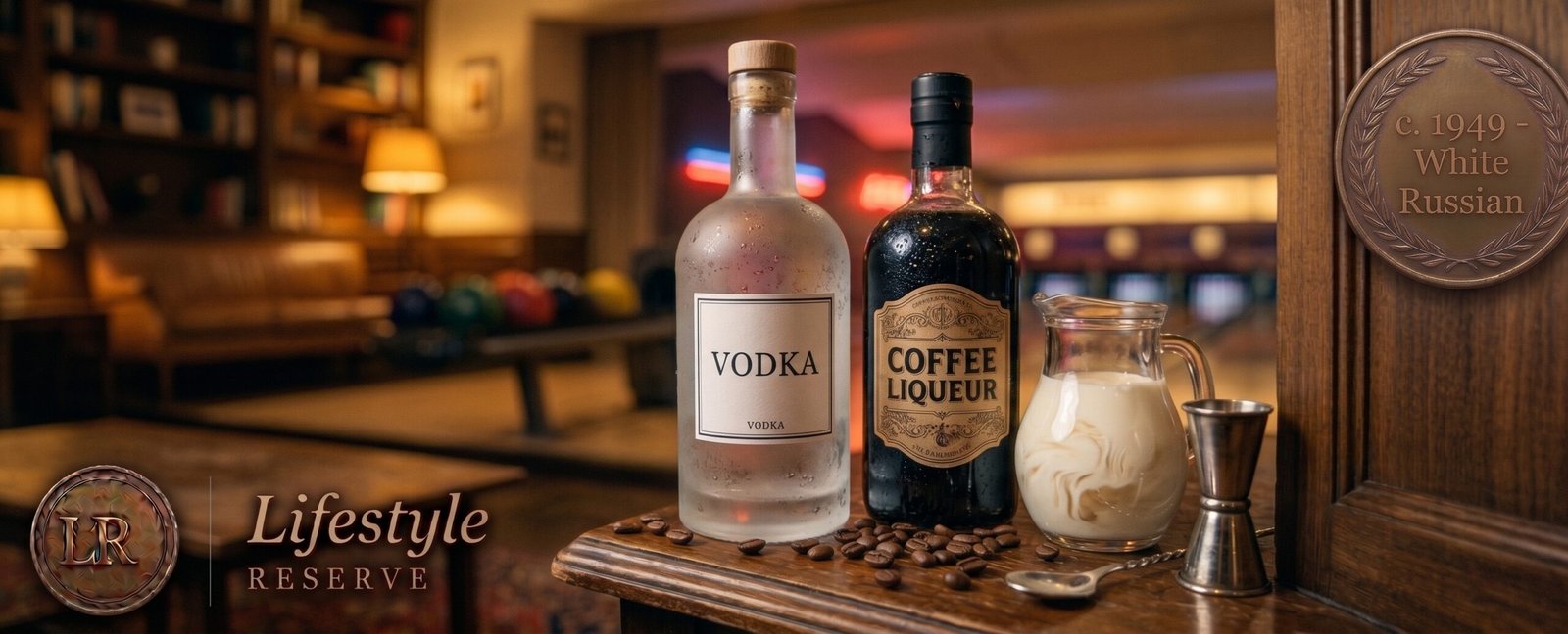 Ingredientes do White Russian sobre mesa escura: vodka, licor de café, creme de leite e copo baixo com gelo.