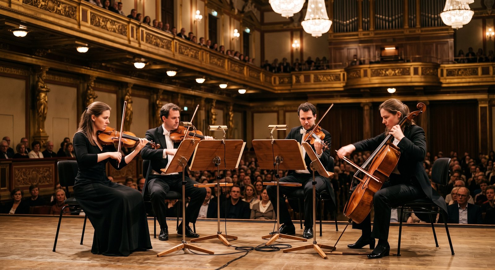 Quarteto de cordas clássico se apresentando em salão elegante alemão, iluminação formal, clima preciso de música clássica