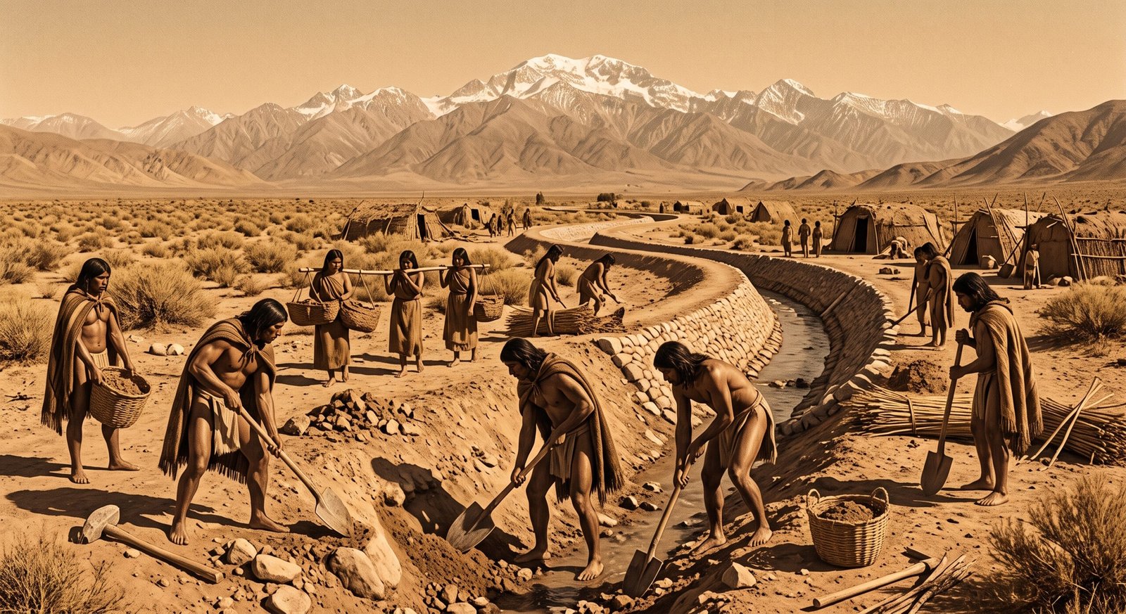 Ilustração histórica do povo indígena Huarpe construindo canais de irrigação na paisagem árida de Mendoza, Andes ao fundo