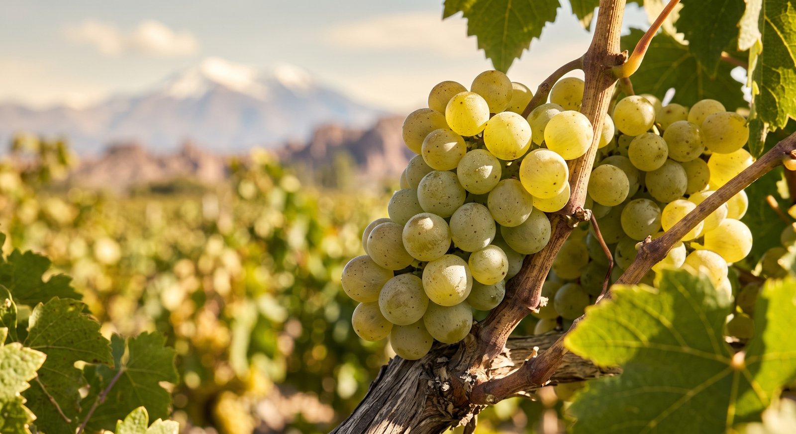 Close-up de cachos de uva branca Torrontés em vinhedo de altitude em Salta, Argentina, sob sol intenso