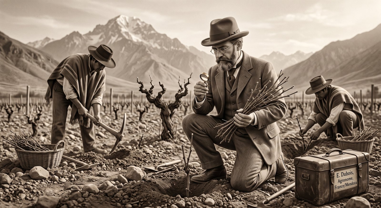 Ilustração histórica de agrônomo francês do século XIX examinando mudas jovens de Malbec em Mendoza, Argentina