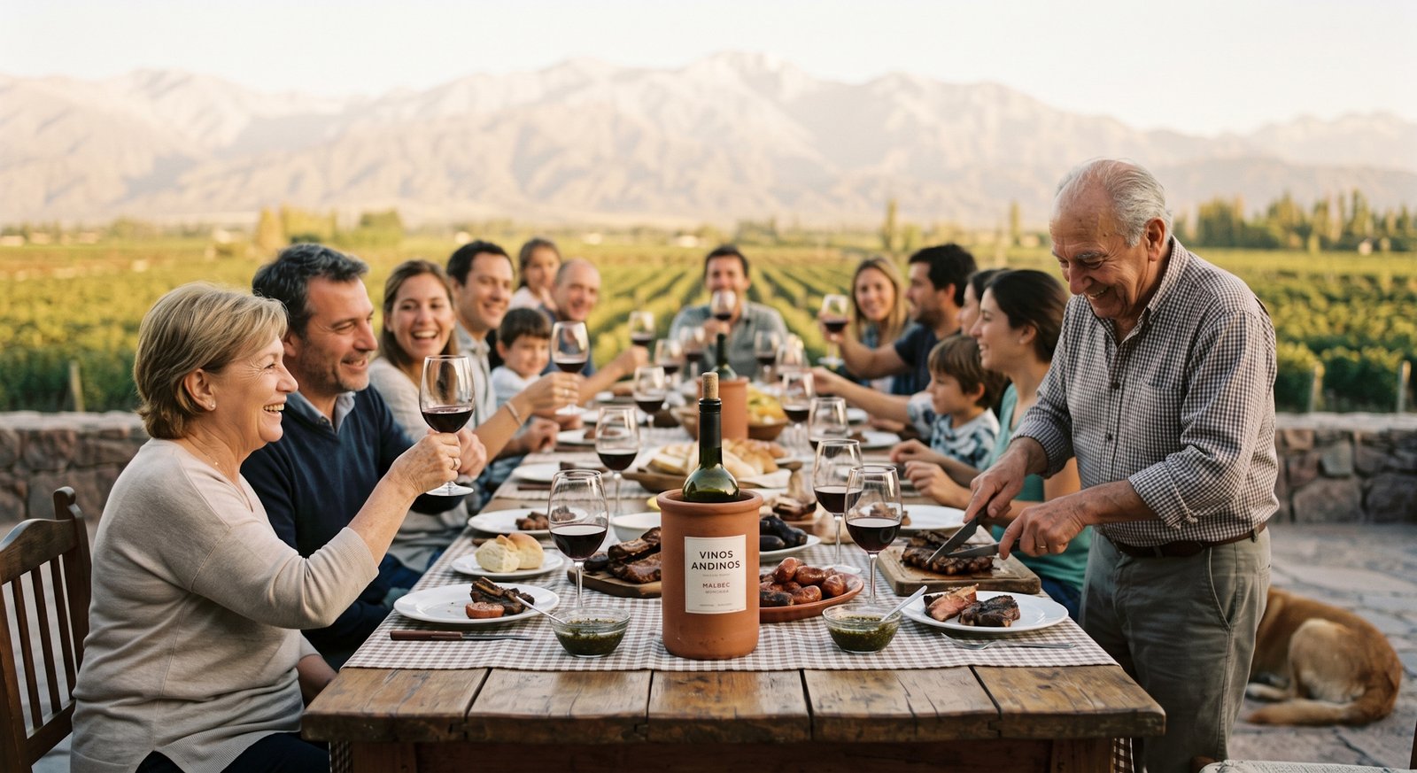 Reunião tradicional de asado argentino com garrafa de Malbec sobre mesa rústica ao ar livre, Andes desfocados ao fundo