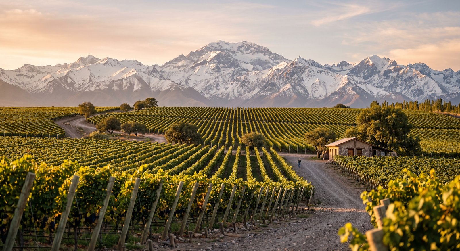 Fileiras de vinhedo em Mendoza, Argentina, com a Cordilheira dos Andes coberta de neve ao fundo, luz quente da tarde