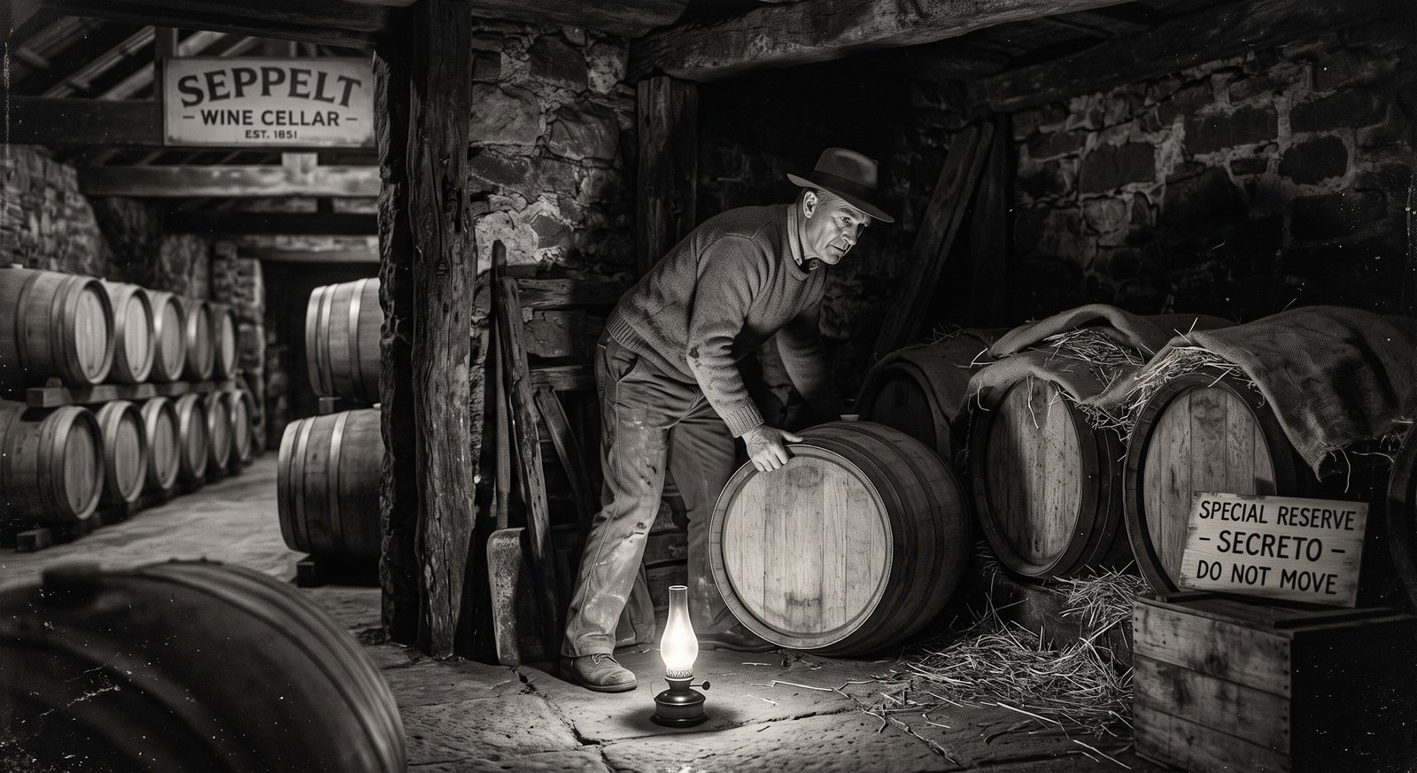 Enólogo escondendo secretamente barris de vinho em canto escuro de adega australiana dos anos 1950, iluminação baixa e dramática