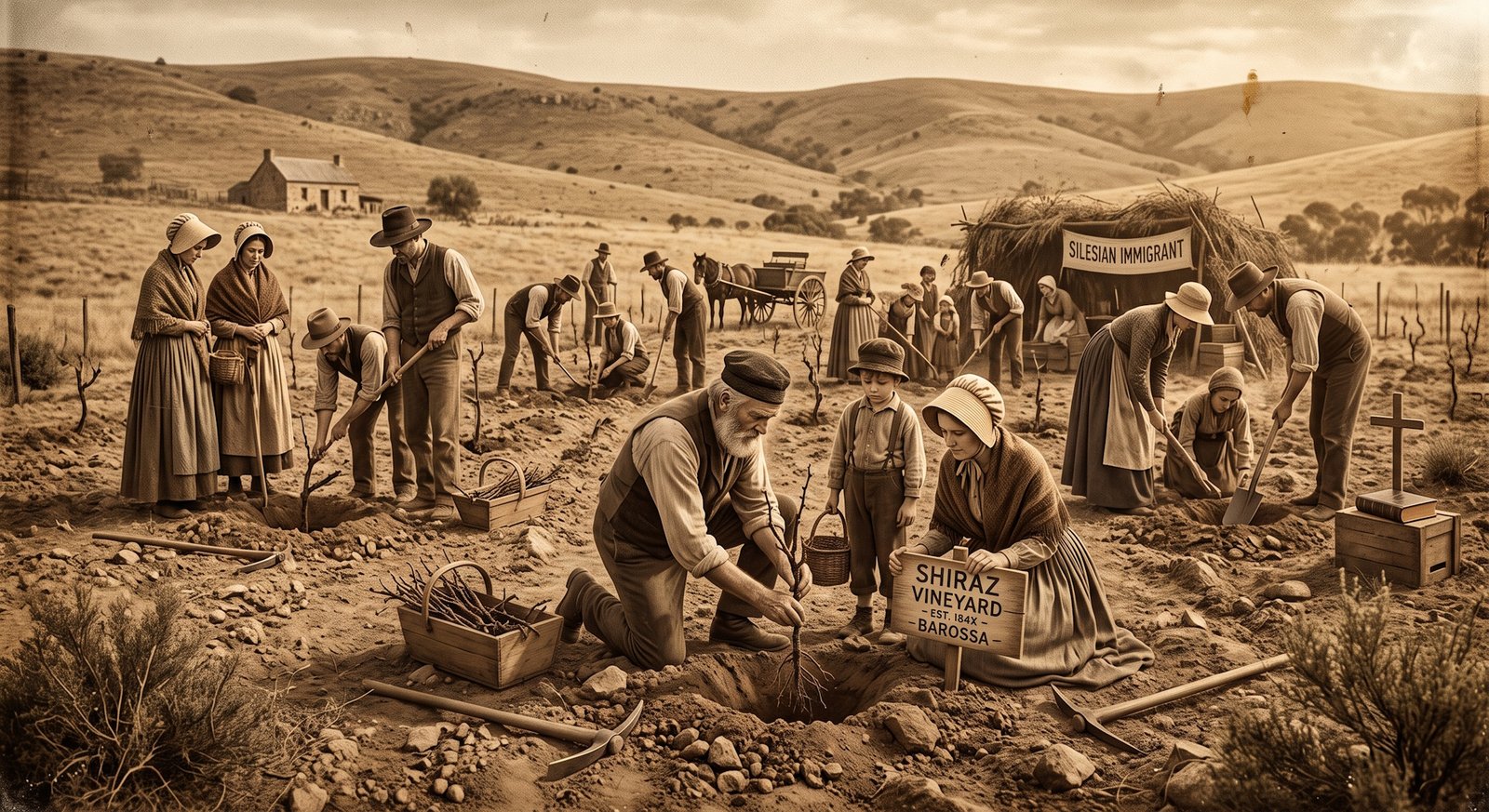 Ilustração histórica de famílias imigrantes silesianas plantando as primeiras videiras de Shiraz no Barossa Valley, Austrália, no século XIX