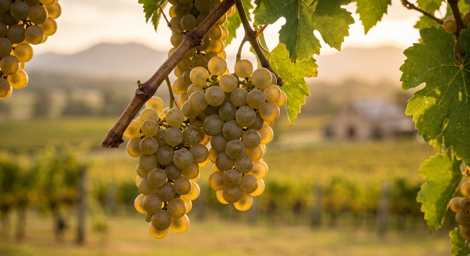 Close-up de cachos de uva branca Semillon no Hunter Valley, Austrália, sob luz natural quente