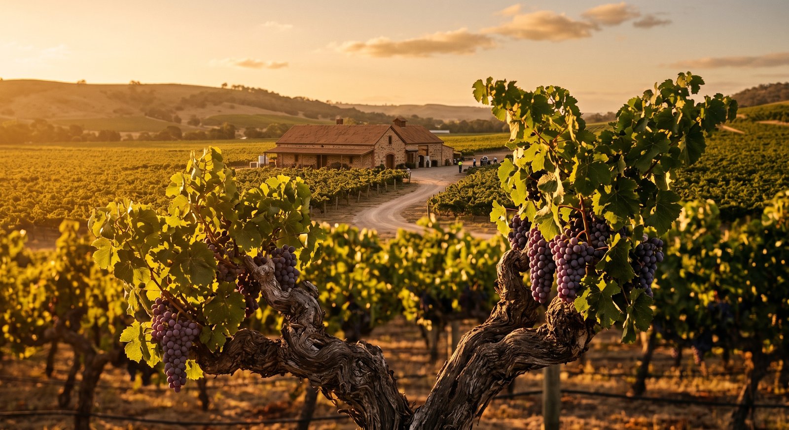 Vinhedo antigo de Shiraz no Barossa Valley, Austrália, ao entardecer, vinícola de pedra rústica ao fundo