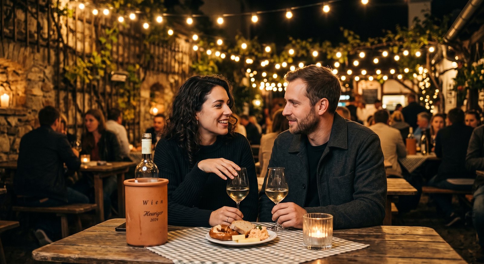 Casal compartilhando garrafa de vinho branco em mesa de taverna vienense ao ar livre à noite, luzes de fio, clima romântico de conversa