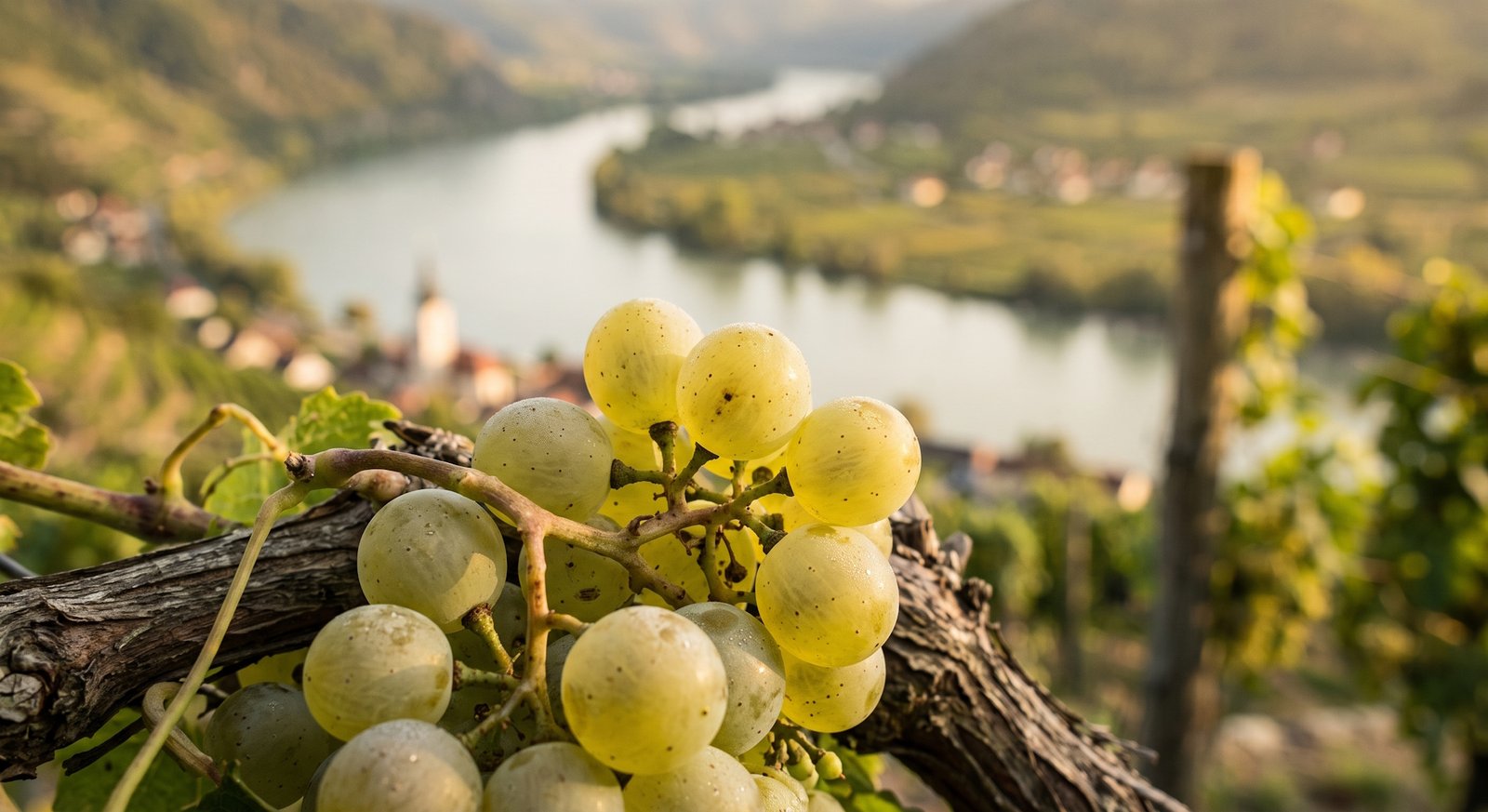 Close-up de cachos de uva Grüner Veltliner na videira no Vale de Wachau, vale do Rio Danúbio desfocado ao fundo