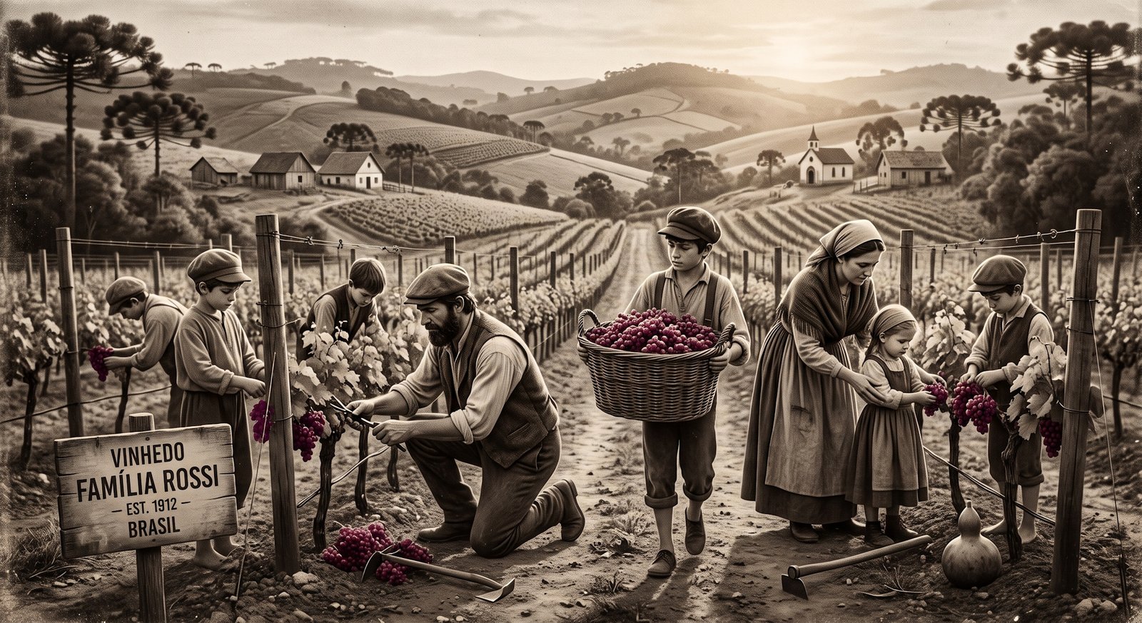 Família de imigrantes italianos trabalhando em vinhedo no sul do Brasil, no início do século XX, em tom sépia histórico