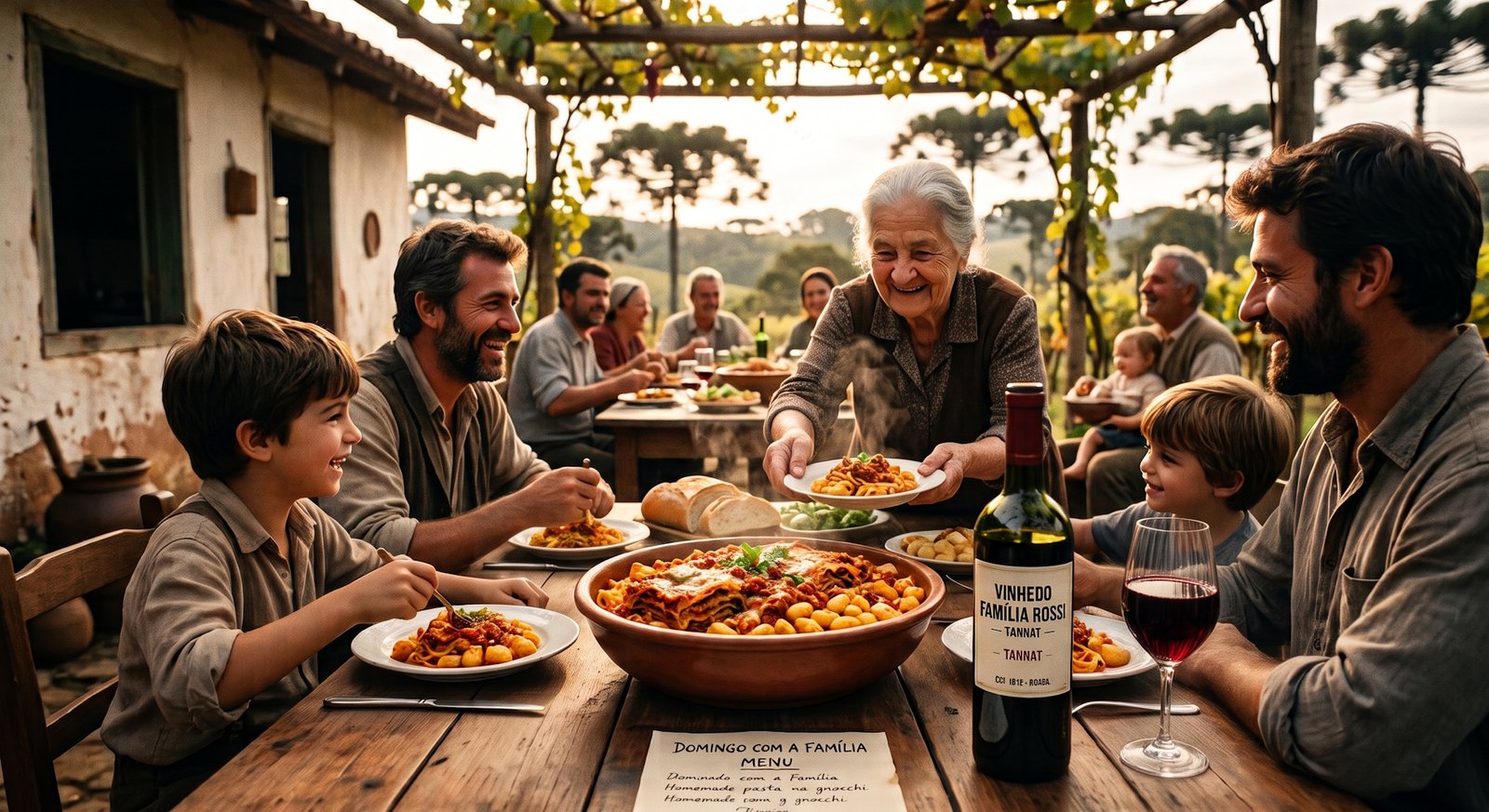 Mesa de almoço de domingo tradicional ítalo-brasileira com massa caseira e garrafa de vinho tinto, clima de reunião familiar