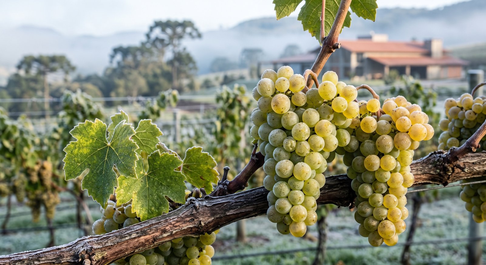 Close-up de cachos de uva Chardonnay na videira em vinhedo brasileiro de altitude, luz fria da manhã