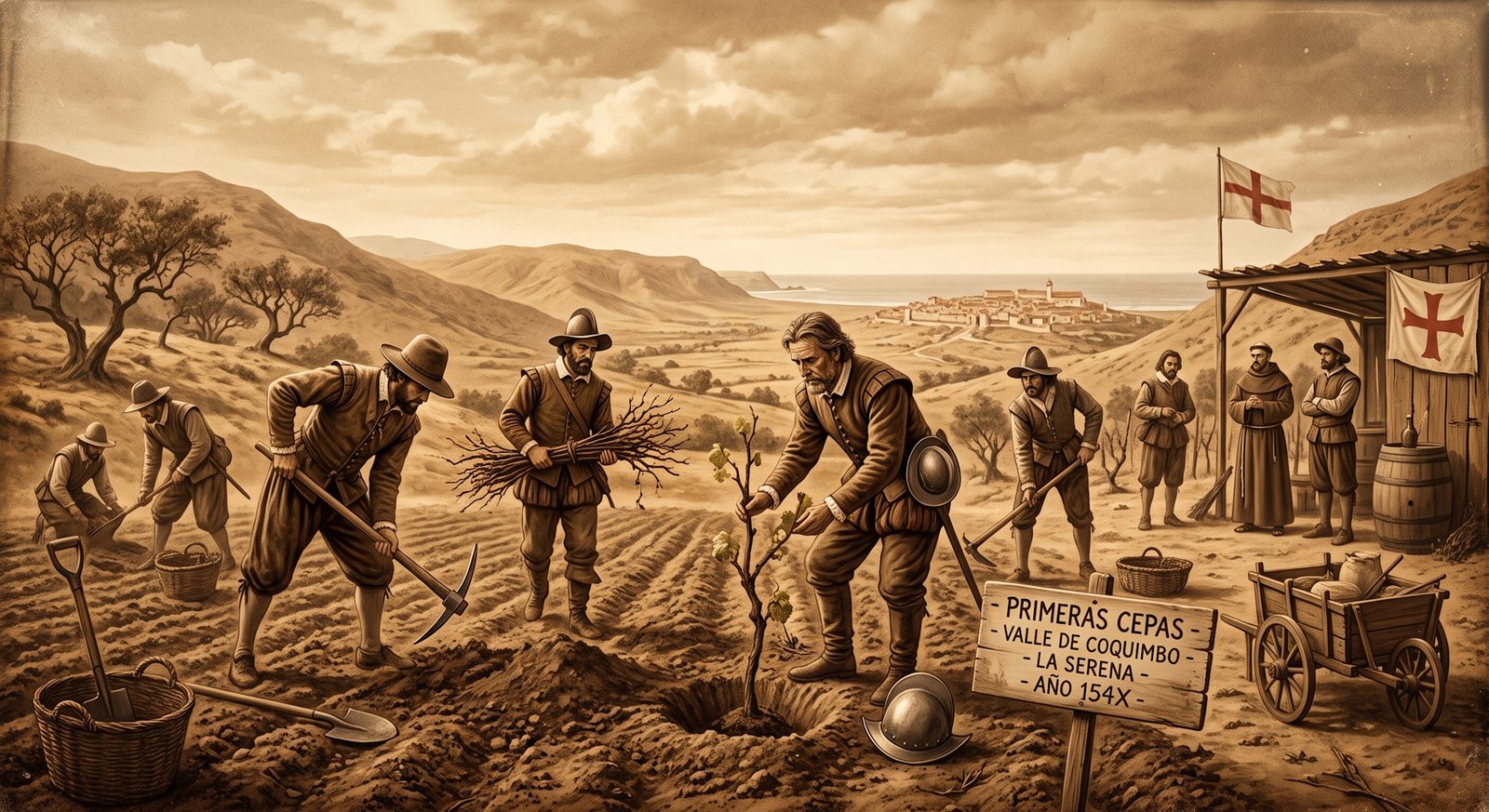 Ilustração histórica de conquistadores espanhóis plantando as primeiras mudas de videira em vale chileno perto de La Serena, no século XVI