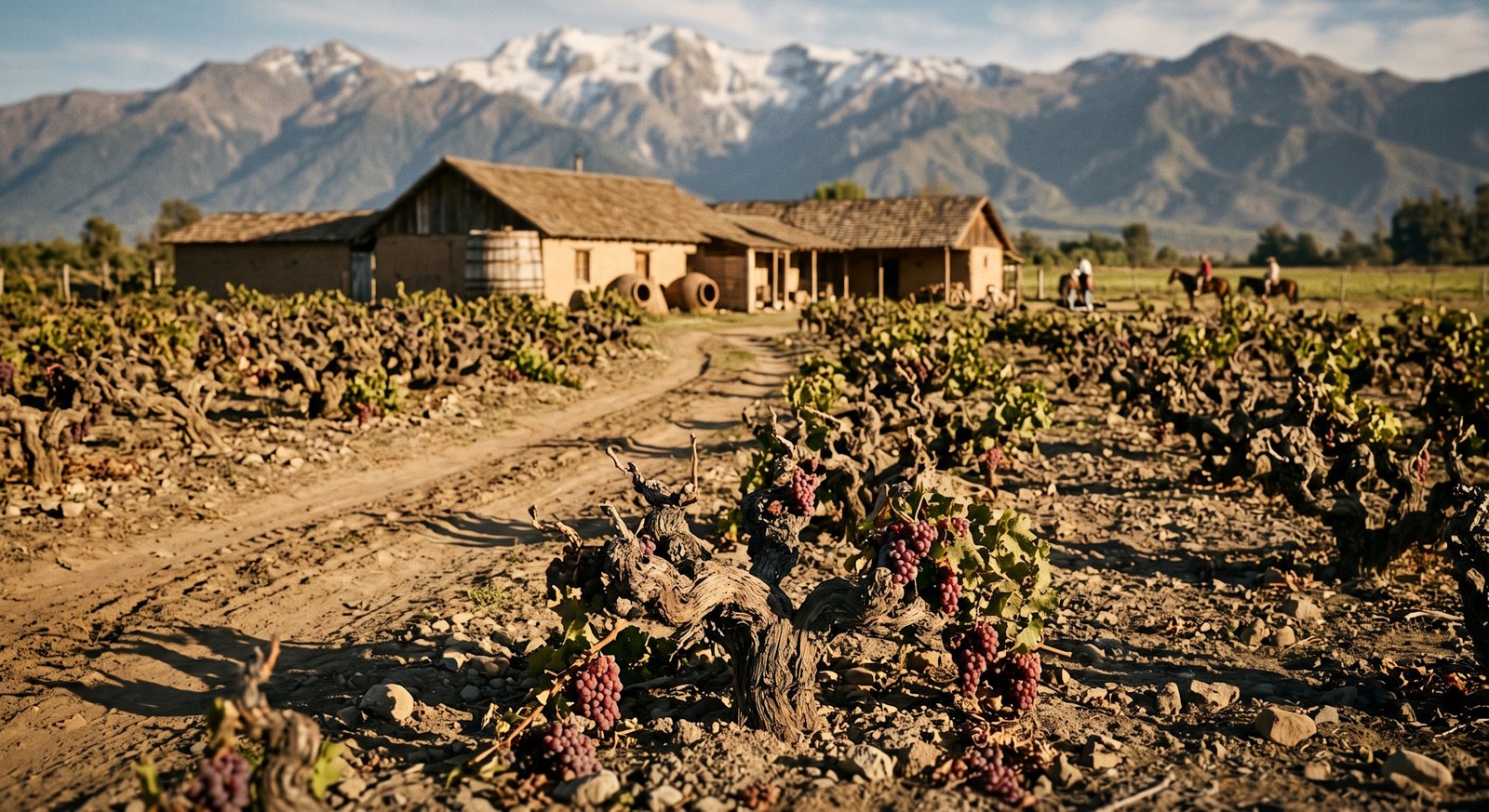 Videiras centenárias de pé-franco em vinhedo remoto chileno, Andes ao fundo, atmosfera atemporal ao entardecer