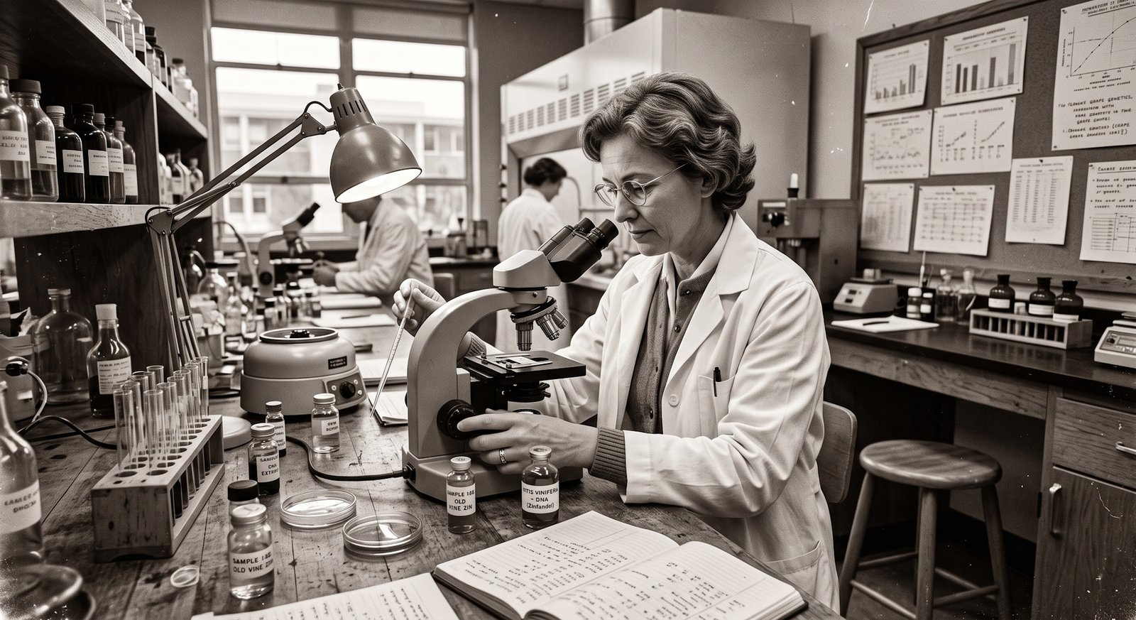 Cientista em laboratório universitário examinando amostras de DNA de uva ao microscópio, clima documental de descoberta científica