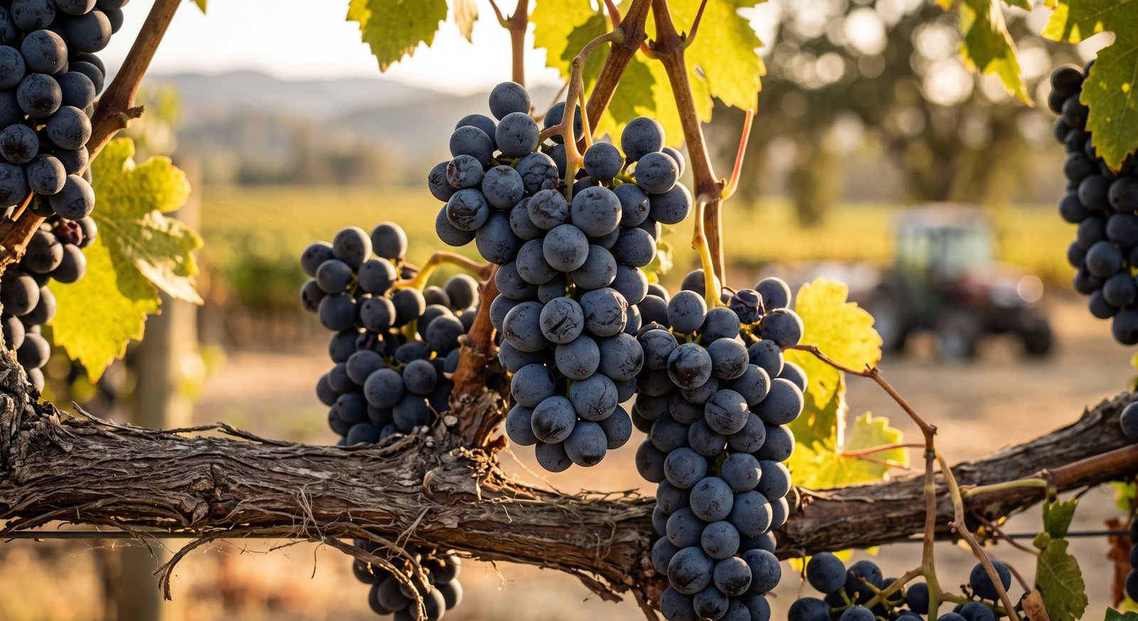 Close-up de cachos de uva Cabernet Sauvignon na videira em Napa Valley, sob luz dourada