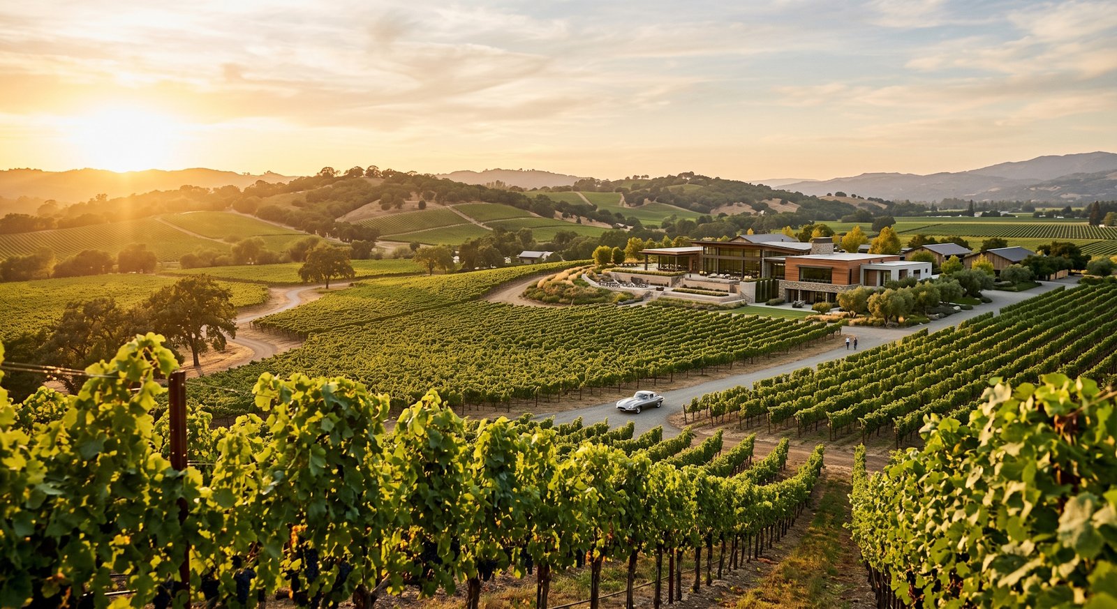 Vinhedo amplo no Napa Valley com propriedade vinícola moderna ao fundo, luz dourada do entardecer