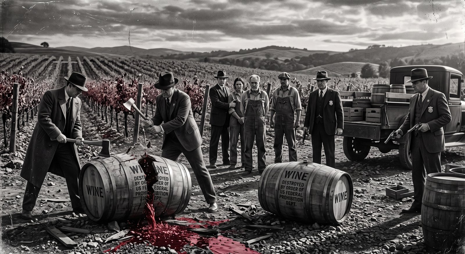 Ilustração histórica de barris de vinho sendo destruídos por autoridades durante a Lei Seca em vinhedo californiano, iluminação documental dramática