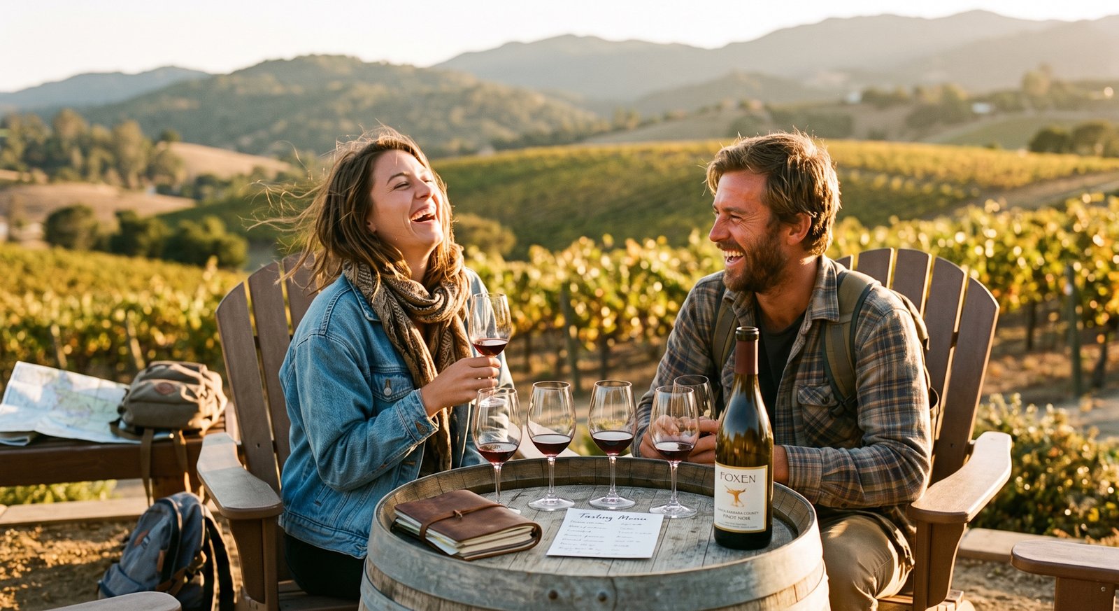Dois amigos em viagem de carro rindo enquanto degustam vinho em vinhedo do condado de Santa Bárbara, clima descontraído de aventura