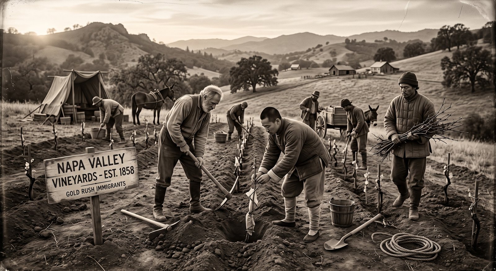 Imigrantes da era da Corrida do Ouro plantando as primeiras fileiras de vinhedo em Napa Valley, no século XIX, em tom sépia histórico