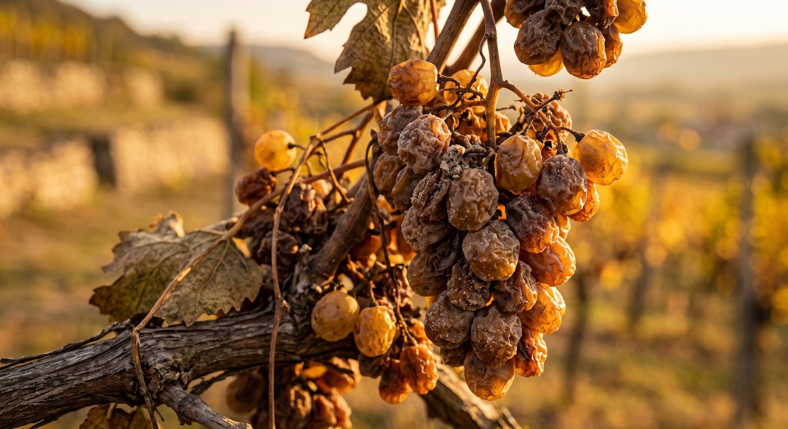 Close-up de cachos de uva Furmint afetados pela podridão nobre em Tokaj, Hungria, uvas passificadas e douradas