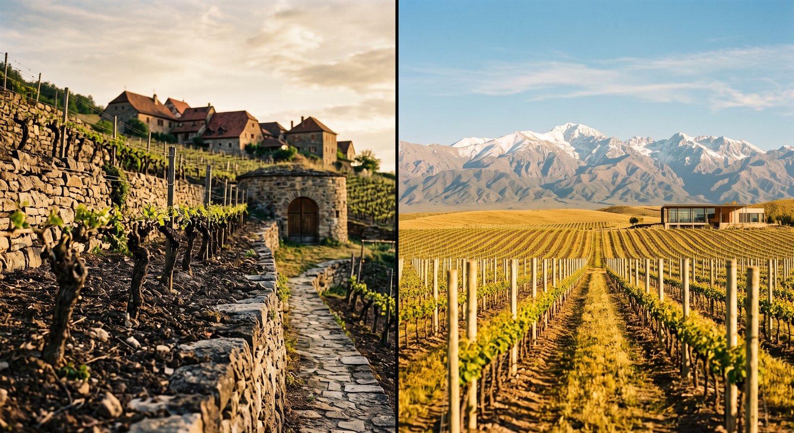 Composição dividida mostrando um vinhedo de pedra europeu antigo de um lado e um vinhedo moderno e ensolarado do Novo Mundo com montanhas do outro lado, contraste simbólico entre as duas tradições