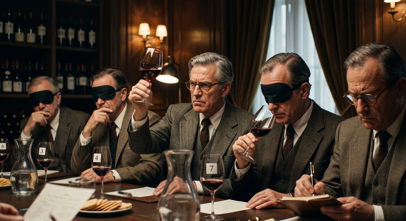 Cena de degustação de vinho às cegas em Paris nos anos 1970, jurados examinando taças de vinho tinto, iluminação dramática