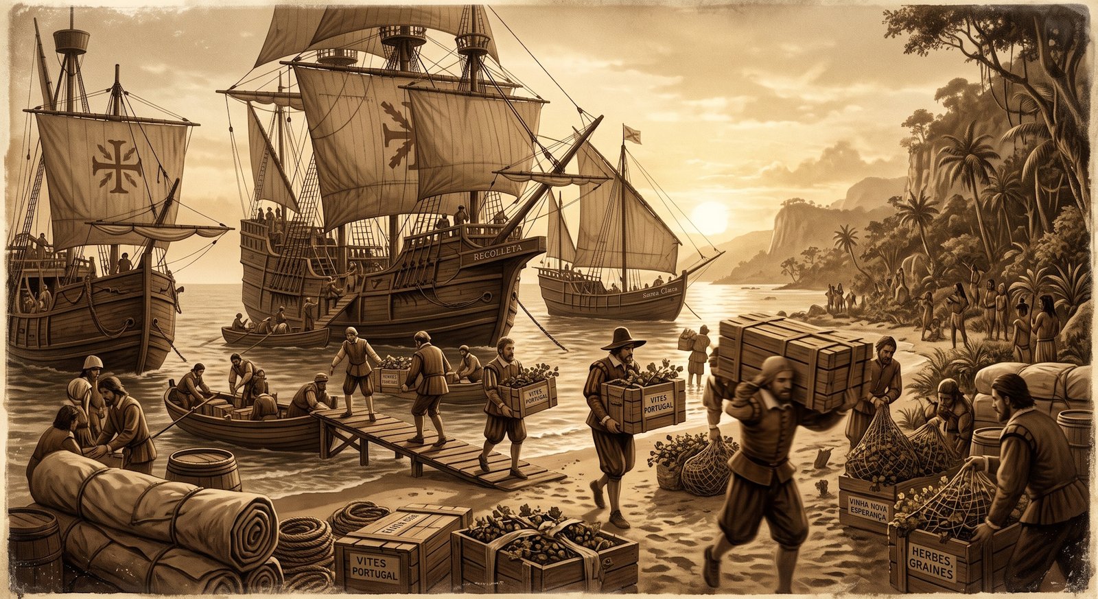 Ilustração histórica de navios europeus do século XVI carregados de mudas de videira chegando à costa de um novo continente