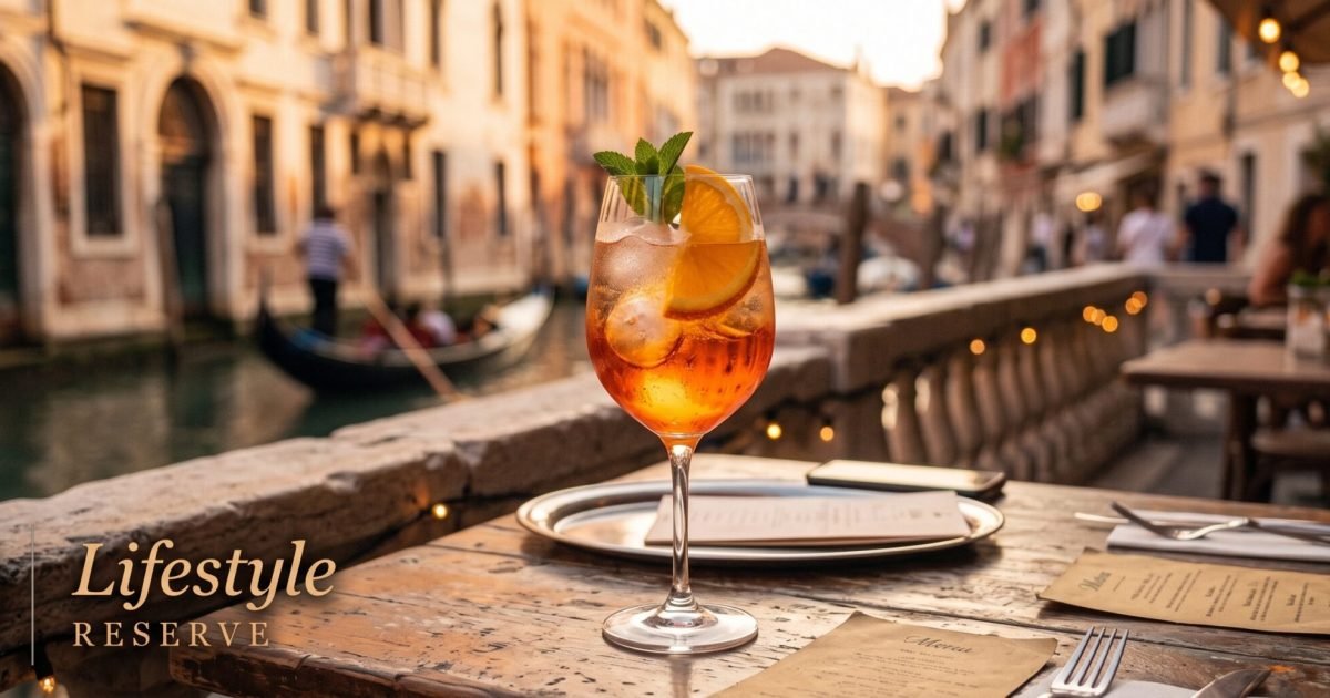 Copo de Aperol Spritz com laranja ao entardecer