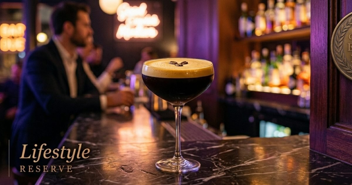 Taça de Espresso Martini com espuma cremosa e grãos de café