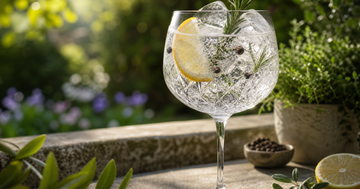 Gin Tônica em taça balão com limão e alecrim