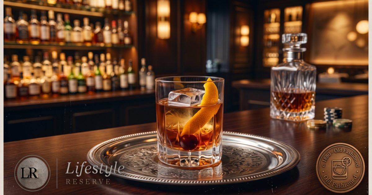 Copo baixo de Old Fashioned com gelo grande e casca de laranja